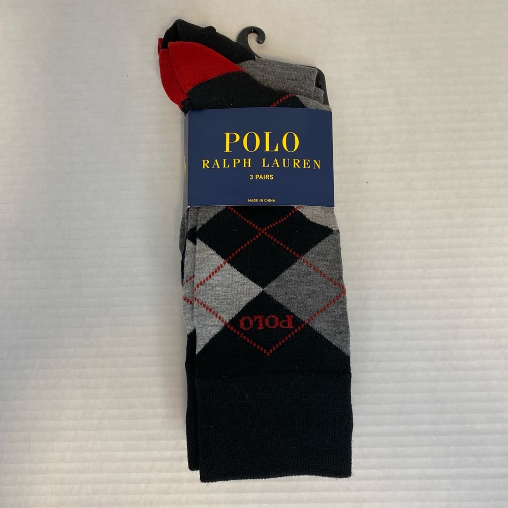 POLO Ralph Lauren 3 Pair Pack Dress Socks, 1 Argyle, 1 Gray, 1 Navy. Size 10-13